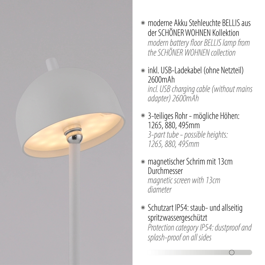 Schöner Wohnen 19245-16 - LED prigušiva dodirna punjiva podna lampa za spoljašnju upotrebu BELLIS LED/2,5W/5V 2600 mAh IP54 bela