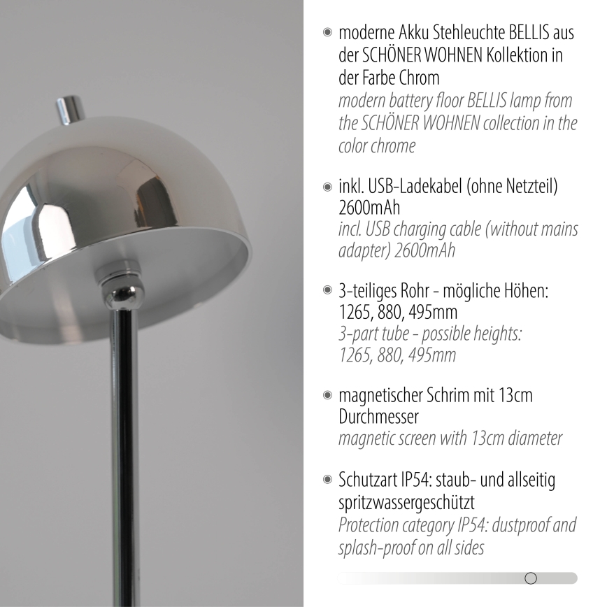 Schöner Wohnen 19245-17 - LED prigušiva dodirna punjiva spoljašnja stojeća lampa BELLIS LED/2,5W/5V 2600 mAh IP54 sjajni hrom