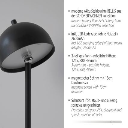 Schöner Wohnen 19245-18 - LED prigušiva dodirna punjiva spoljna stojeća lampa BELLIS LED/2,5W/5V 2600 mAh IP54 crna
