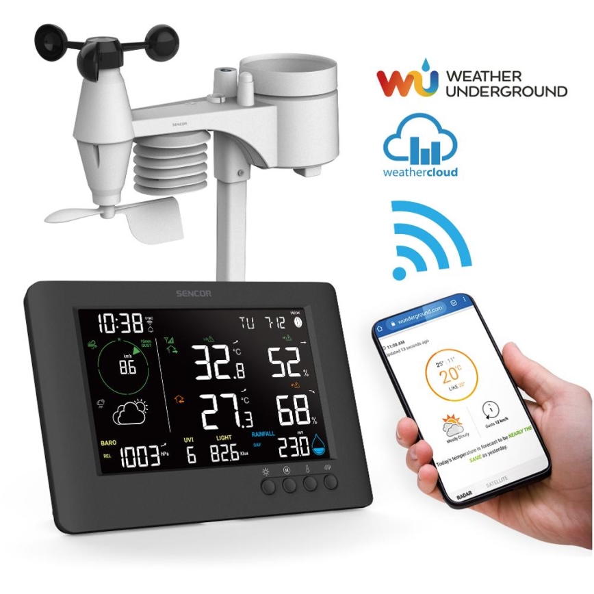 Sencor - Profesionalna meteorološka stanica sa LCD displejem u boji i budilnikom 5V/1xCR2032 + 3xAA Wi-Fi