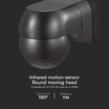 Senzor pokreta PIR 180° 400W/230V IP44 crni