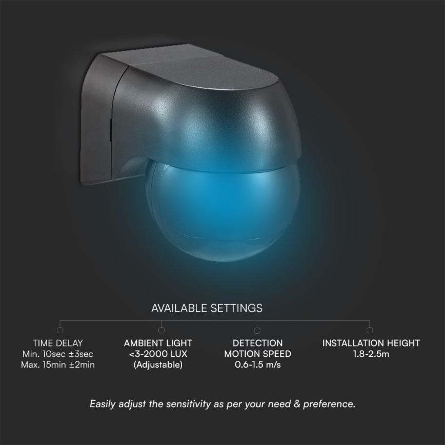 Senzor pokreta PIR 180° 400W/230V IP44 crni