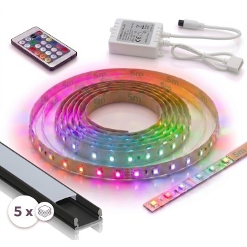 SET 1x LED RGBW prigušiva traka DIGITAL LED/16,5W/230V 5 m + 5x ugradni profil 1 m crna/bela + daljinski upravljač