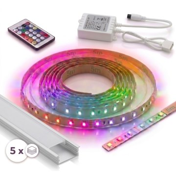SET 1x LED RGBW prigušiva traka DIGITAL LED/16,5W/230V 5 m + 5x ugradni profil 1 m srebrna/bela + daljinski upravljač