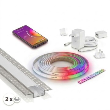 SET 1x RGBW prigušiva LED traka Philips Hue WHITE AND COLOR AMBIANCE LED/20W/230V 2 m + 2x ugradni profil 1 m srebrna/bela