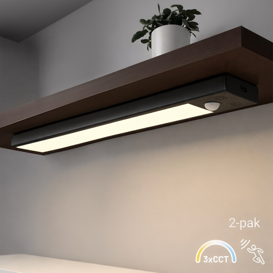 Komplet od 2 LED punjive rasvete za nameštaj sa senzorom pokreta i sumraka VIRO LED/1,2W/3,7V 800 mAh 3000/4000/6500K 30 cm crna