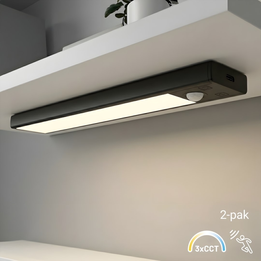 SET 2x punjiva LED svetla za nameštaj sa senzorom pokreta i sumraka VIRO LED/1W/3,7V 800 mAh 3000/4000/6500K 20 cm crna