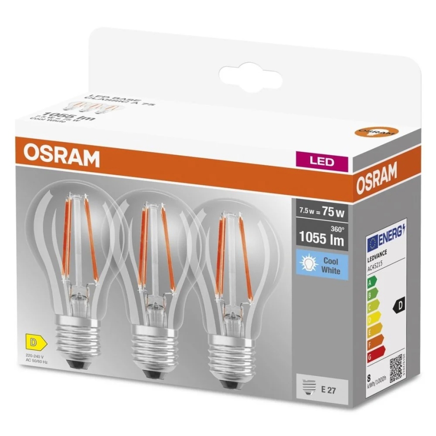SET 3x LED sijalica BASE CLASSIC FILAMENT A60 E27/7,5W/230V 4000K - Osram