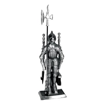 Set kaminskog alata od livenog gvožđa, 4 kom, viteški dizajn, srebrne boje