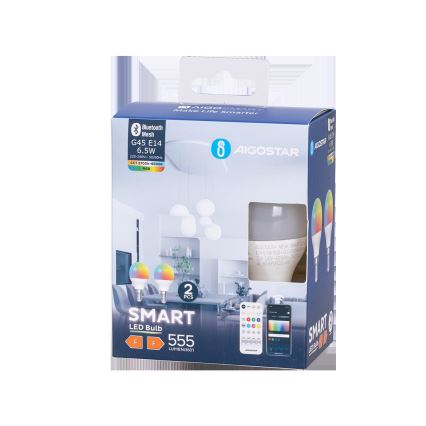 Set od 2 LED RGBW prigušiva sijalica MESH Smart G45 E14/6,5W/230V 2700-6500K + daljinski upravljač - Aigostar