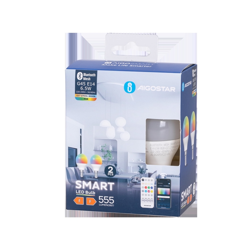 Set od 2 LED RGBW prigušiva sijalica MESH Smart G45 E14/6,5W/230V 2700-6500K + daljinski upravljač - Aigostar