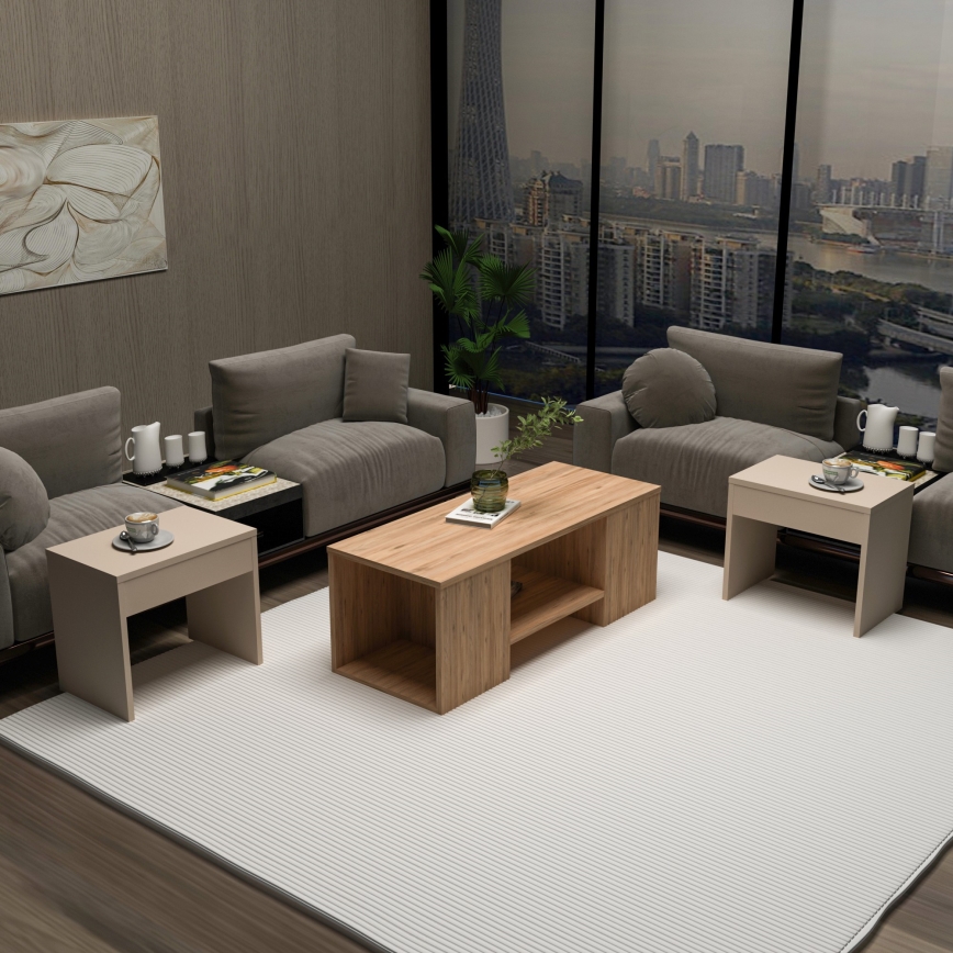 SET od 3 konferencijska stočića SOLIS 45/45/100x30/30/40 cm bež/smreka