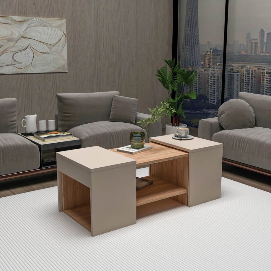 SET od 3 konferencijska stočića SOLIS 45/45/100x30/30/40 cm bež/smreka