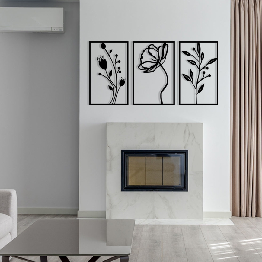 Set od 3 zidne dekoracije 78x39 cm, cvetni motiv, metal