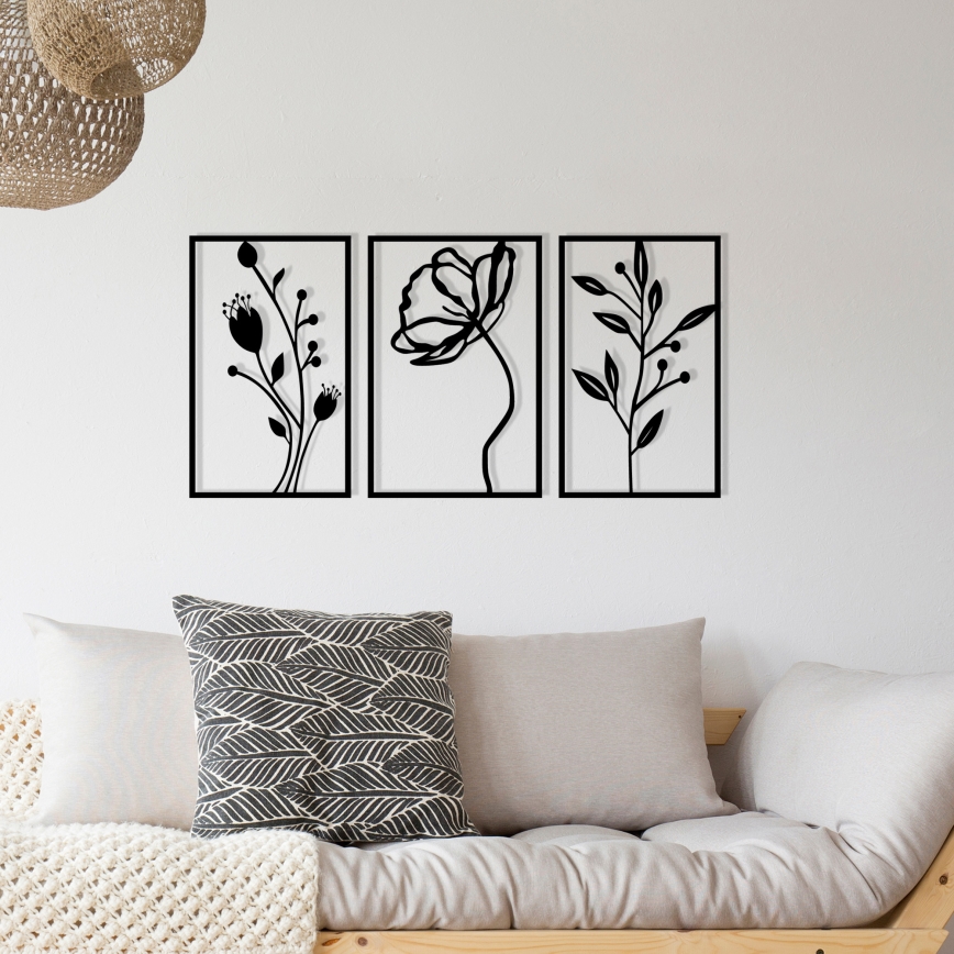 Set od 3 zidne dekoracije 78x39 cm, cvetni motiv, metal