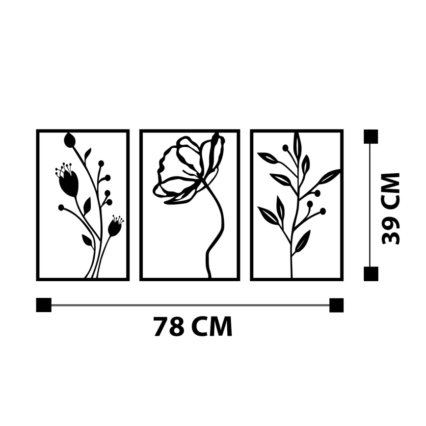Set od 3 zidne dekoracije 78x39 cm, cvetni motiv, metal