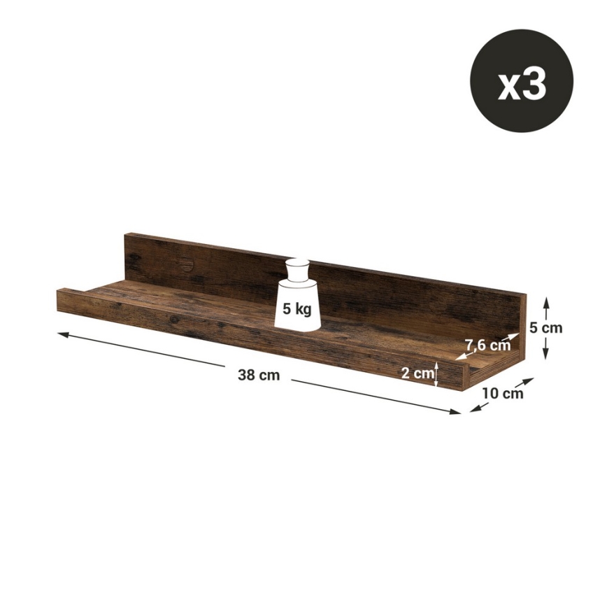 Set od 3 zidnih polica SHELFY 38x5x10 cm, braon