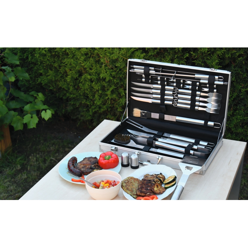 Set profesionalnog pribora za roštilj od nerđajućeg čelika u koferu, 30 delova