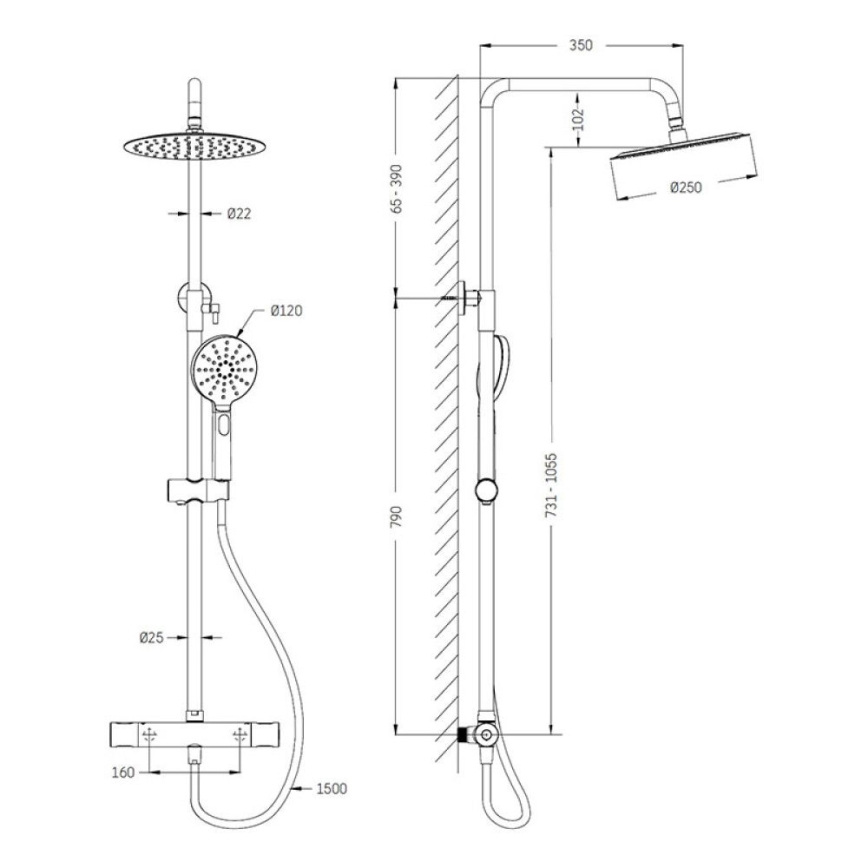 Set za tuš sa termostatskom baterijom DRAGOR, sjajni mesing