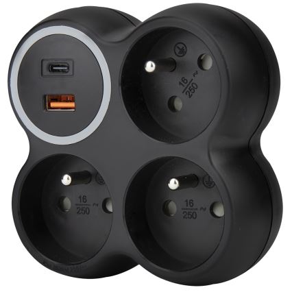 Produžni razvodnik 3×15 A sa USB-A i USB-C, crni