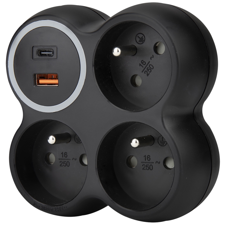 Produžni razvodnik 3×15 A sa USB-A i USB-C, crni