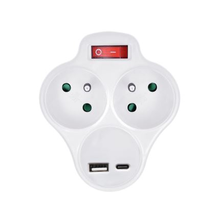 Razdelnik sa USB A+C punjačem i prekidačem 2x10A beo