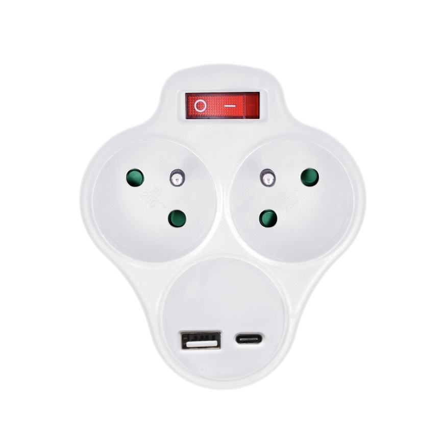 Razdelnik sa USB A+C punjačem i prekidačem 2x10A beo
