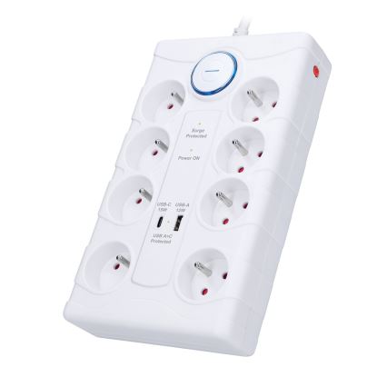 Produžni kabl sa prekidačem i prigušiva za zaštitu od prenapona 8Z Tip E + 1xUSB-A + 1xUSB-C 2m bela