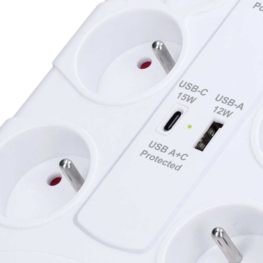 Produžni kabl sa prekidačem i prigušiva za zaštitu od prenapona 8Z Tip E + 1xUSB-A + 1xUSB-C 2m bela