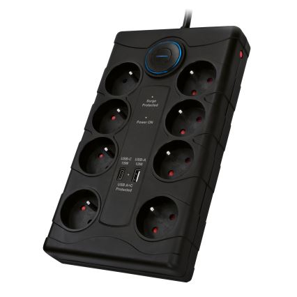 Produžni kabl sa prekidačem i zaštitom od prenapona 8Z Tip E + 1xUSB-A + 1xUSB-C 2m crni