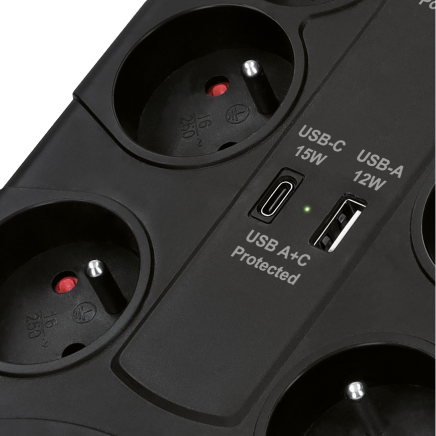 Produžni kabl sa prekidačem i zaštitom od prenapona 8Z Tip E + 1xUSB-A + 1xUSB-C 2m crni