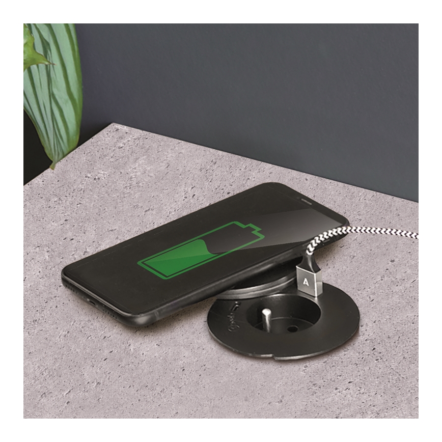 Ugradna utičnica sa bežičnim punjenjem 10W — 1x utičnica + USB A+C, crna