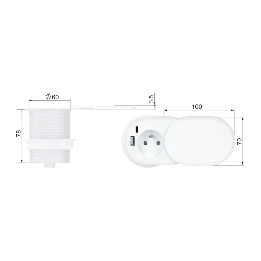 Ugradna utičnica 20W, 1x utičnica + USB A+C, bela
