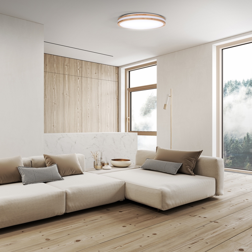 LED prigušiva plafonska svetiljka WOODY LED/48W/230V 3000-6500K hrast prečnik 38 cm + daljinski upravljač