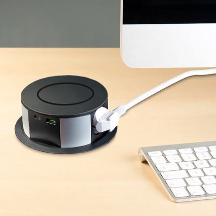 Stub sa utičnicama za stolnu ploču sa bežičnim Qi punjenjem, 3x230V + 1xUSB-A + 1xUSB-C, crna/srebrna