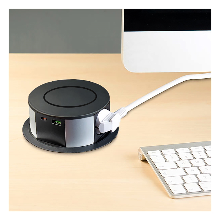 Stub sa utičnicama za stolnu ploču sa bežičnim Qi punjenjem, 3x230V + 1xUSB-A + 1xUSB-C, crna/srebrna
