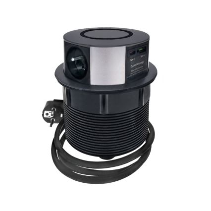 Stub sa utičnicama za stolnu ploču sa bežičnim Qi punjenjem, 3x230V + 1xUSB-A + 1xUSB-C, crna/srebrna