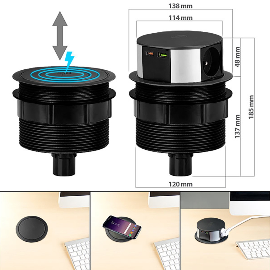 Stub sa utičnicama za stolnu ploču sa bežičnim Qi punjenjem, 3x230V + 1xUSB-A + 1xUSB-C, crna/srebrna