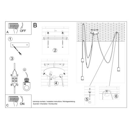 Stropni luster na sajli EDISON 3, 3xE27/60W/230V, pauk, crne boje