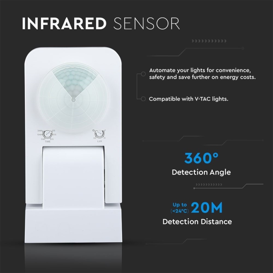 Spoljašnji infracrveni senzor pokreta 360° 1000W/230V IP65 bela