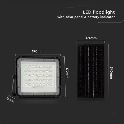 LED solarni reflektor za spoljašnju upotrebu, prigušiva, LED/10W/3,2V IP65 4000K 6000 mAh crna + daljinski upravljač