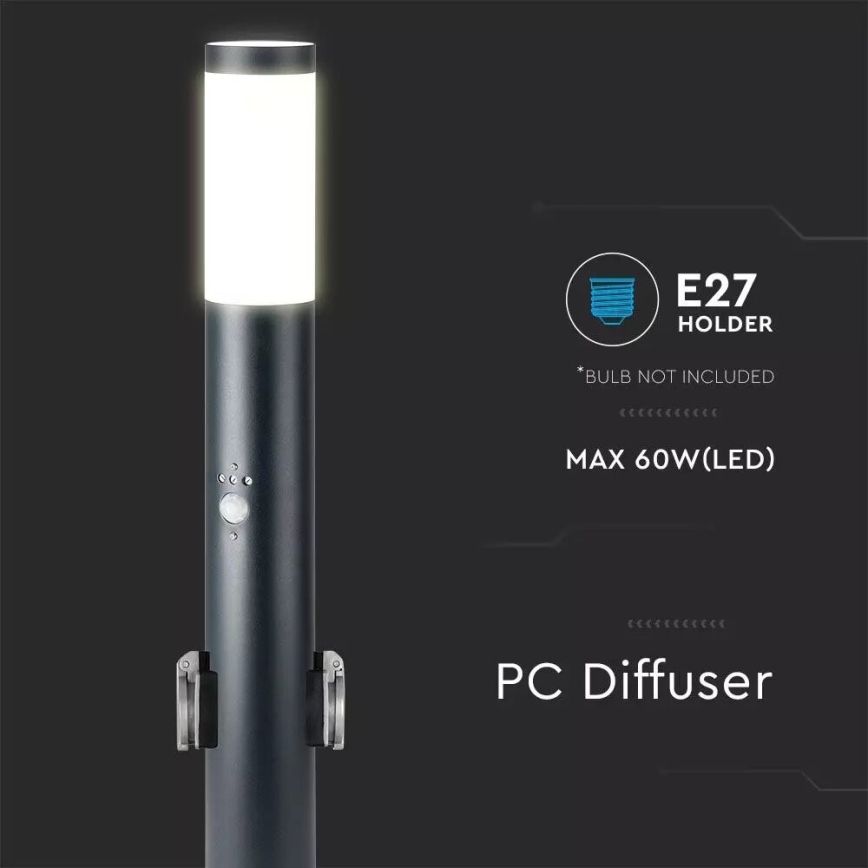 Spoljna lampa sa senzorom i 2 SCHUKO utičnicama 1xE27/60W/230V IP44 60cm crna