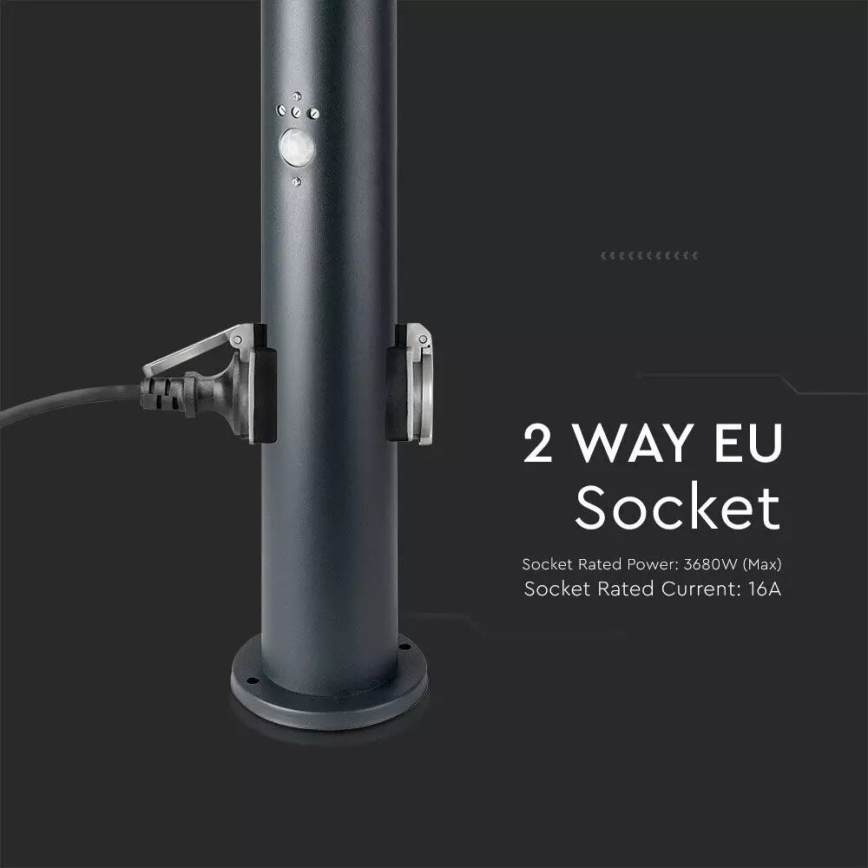 Spoljna lampa sa senzorom i 2 SCHUKO utičnicama 1xE27/60W/230V IP44 60cm crna