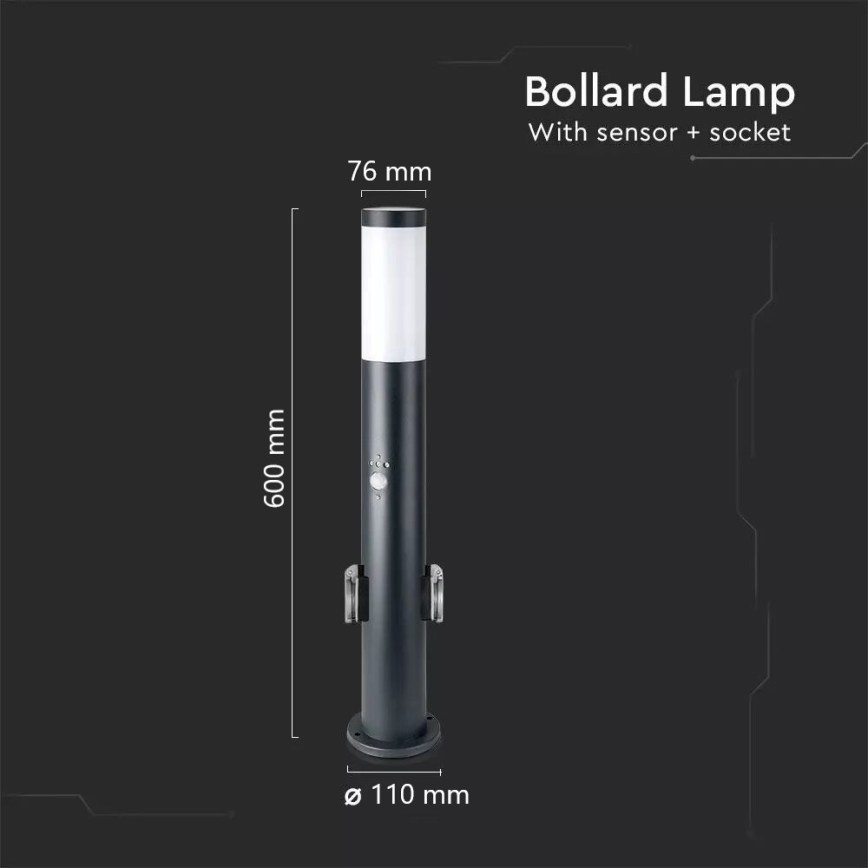 Spoljna lampa sa senzorom i 2 SCHUKO utičnicama 1xE27/60W/230V IP44 60cm crna