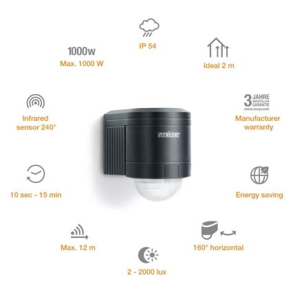 STEINEL 602710 - Spoljni infracrveni zidni senzor IS240 antracit IP54