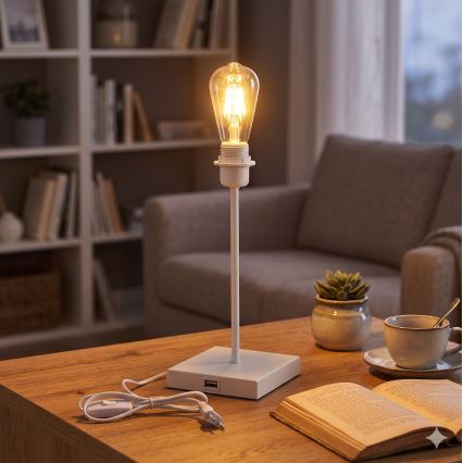 Stona lampa sa USB portom 1xE27/15W/230V bela