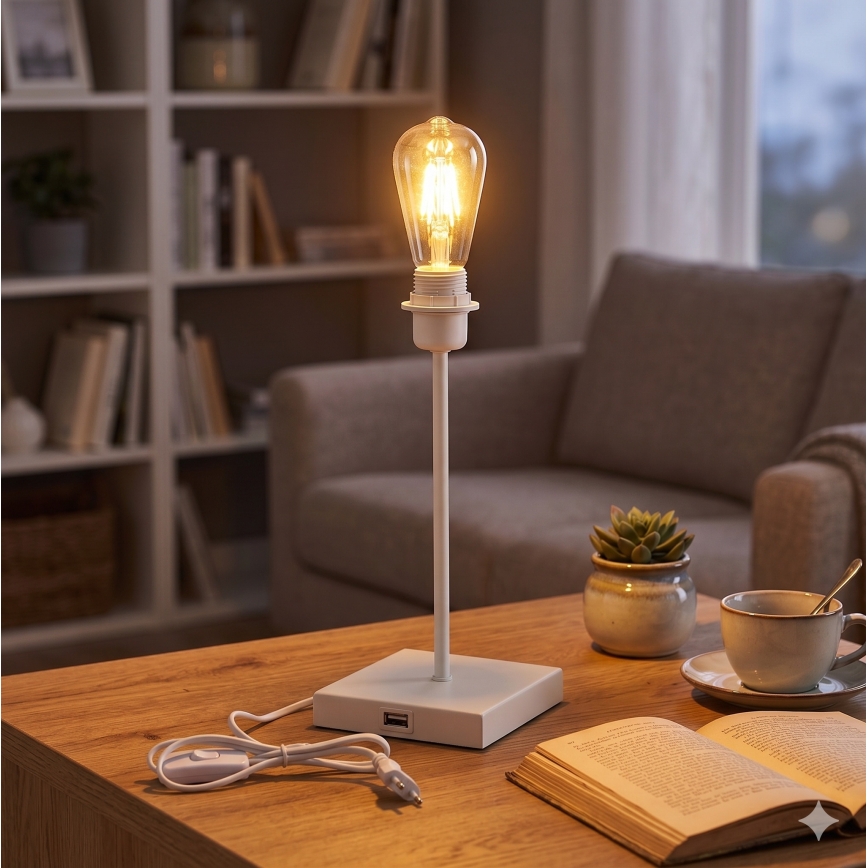 Stona lampa sa USB portom 1xE27/15W/230V bela