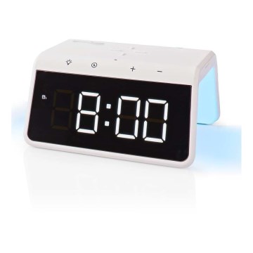 Stoni budilnik sa LCD ekranom i praktičnim bežičnim punjačem 15W/5V, napajanje 1x CR2032, beli