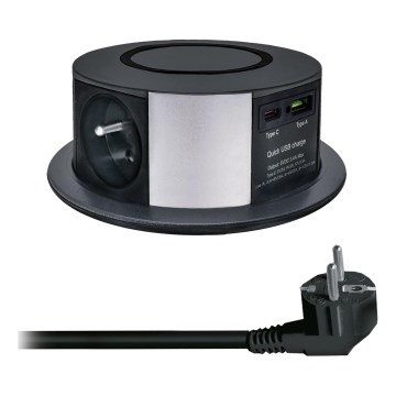 Stub sa utičnicama za stolnu ploču sa bežičnim Qi punjenjem, 3x230V + 1xUSB-A + 1xUSB-C, crna/srebrna