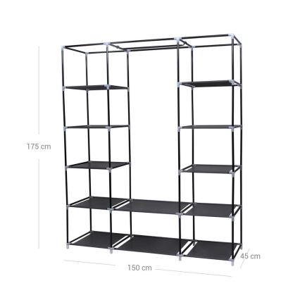 Tekstilni ormar za odlaganje MATIS 150x175x45 cm, crne boje, sa policama i garderobnom šipkom